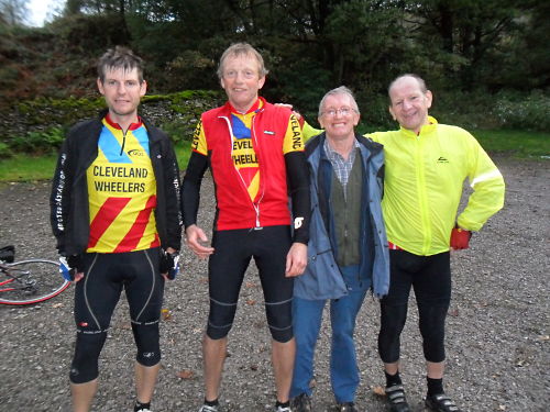Back in Patterdale, Dave is on the left (complete with helmet hair), John P, John K and Mick on the right with me taking the photo.